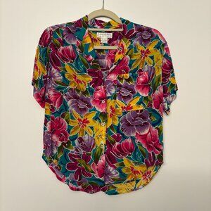 Vintage Christian Dior Petites Bright Floral Short Sleeve Blouse